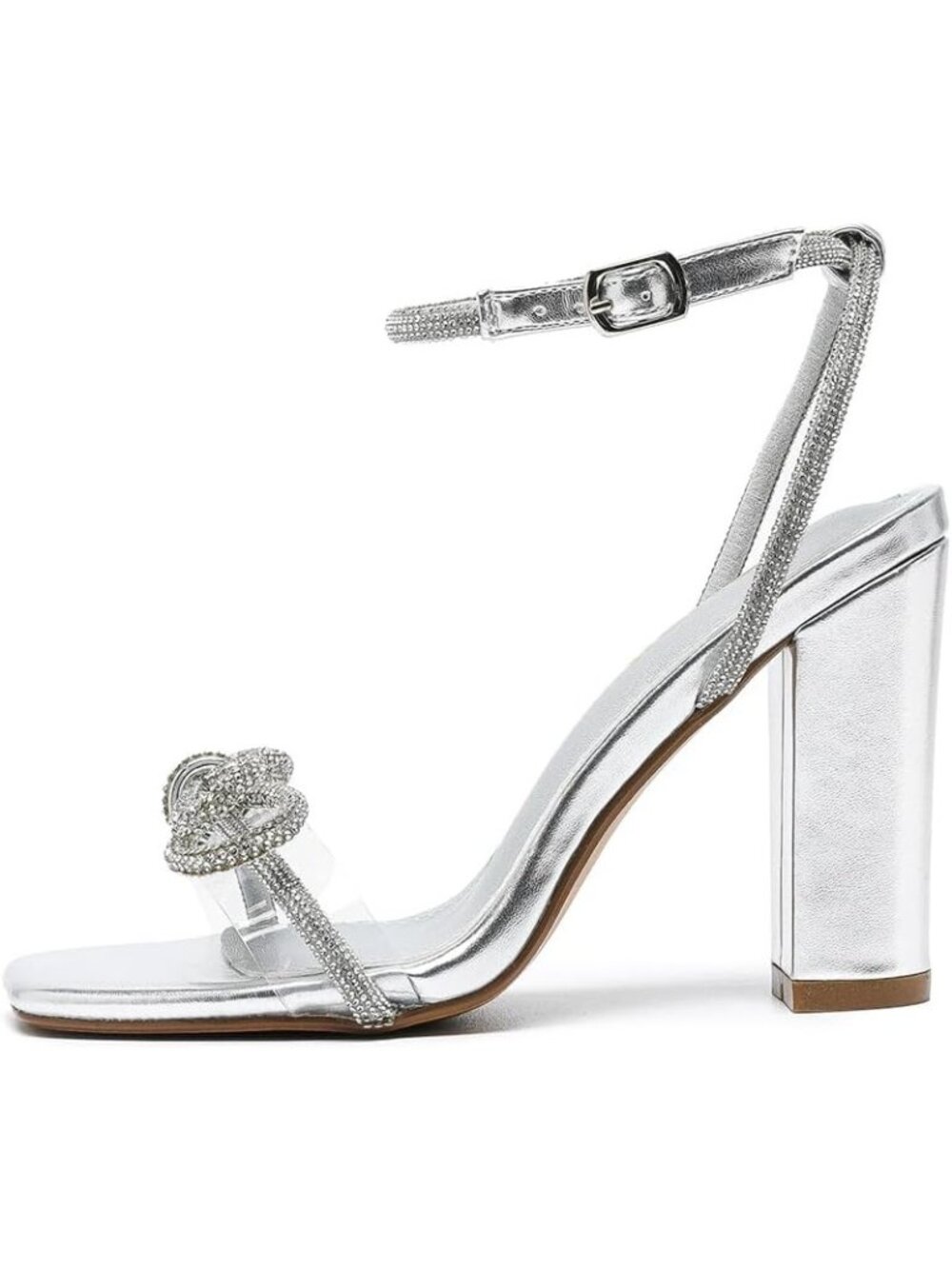 Women's Pu Silver 4 Inch Rhinestone Bowknot Block Heels Open Toe Heeled Sandals - Picture 5 of 7